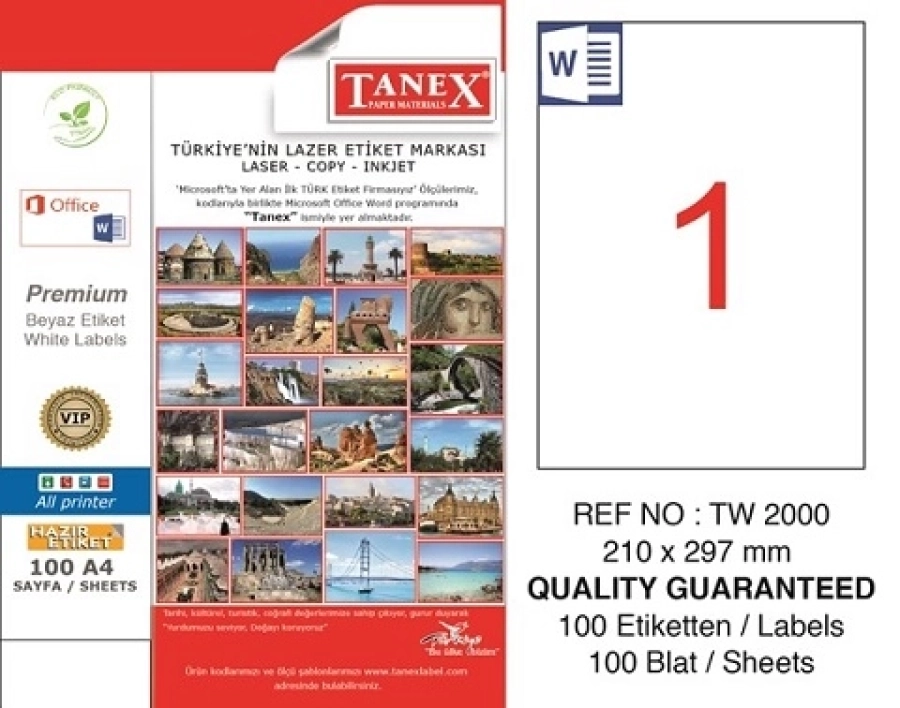  ETİKET LAZER A4 TW-2000 210X297 TANEX